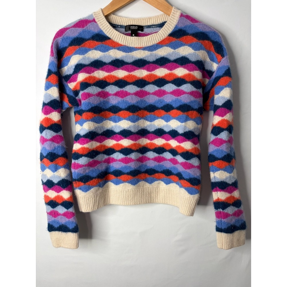 Aqua Cashmere Womens Geometric Sweater Sz M Colorful Luxury Preppy Retro Bright